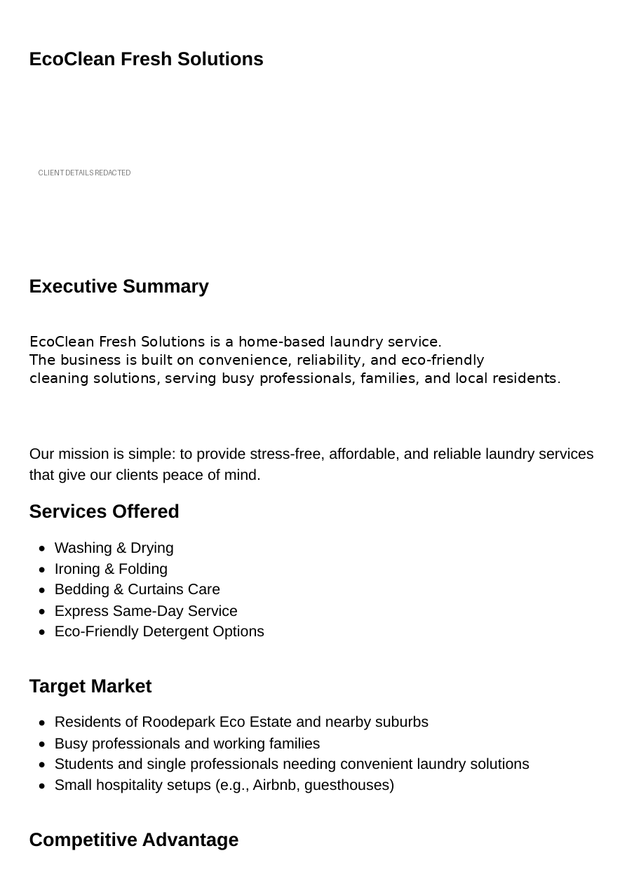 Anonymised Business Plan sample